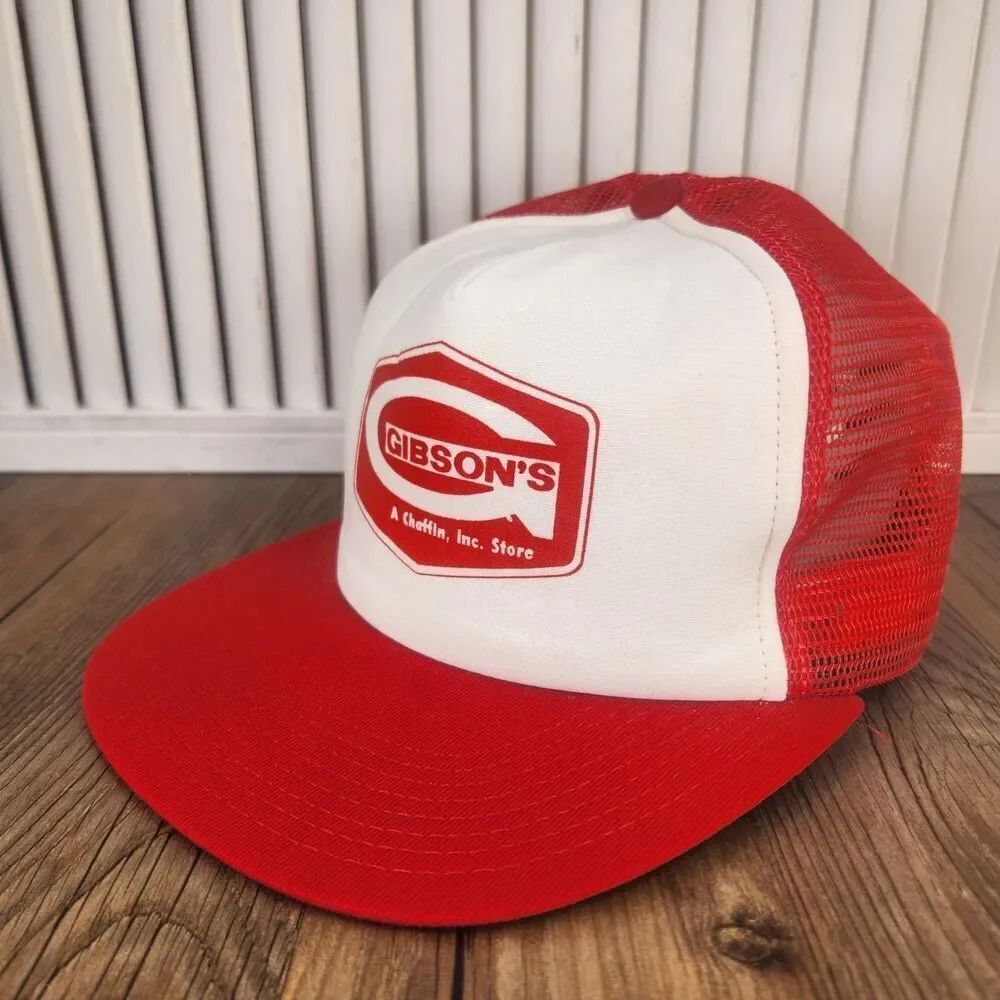 VTG Gibson's Store Snapback Trucker Hat Cap Red White Mesh Foam Farmer 90s USA